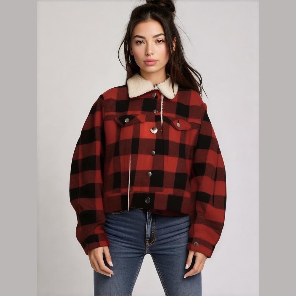 Fashion Nova Cabin Weekend Jacket Coat Shacket Size Small Red Black Sherpa NEW